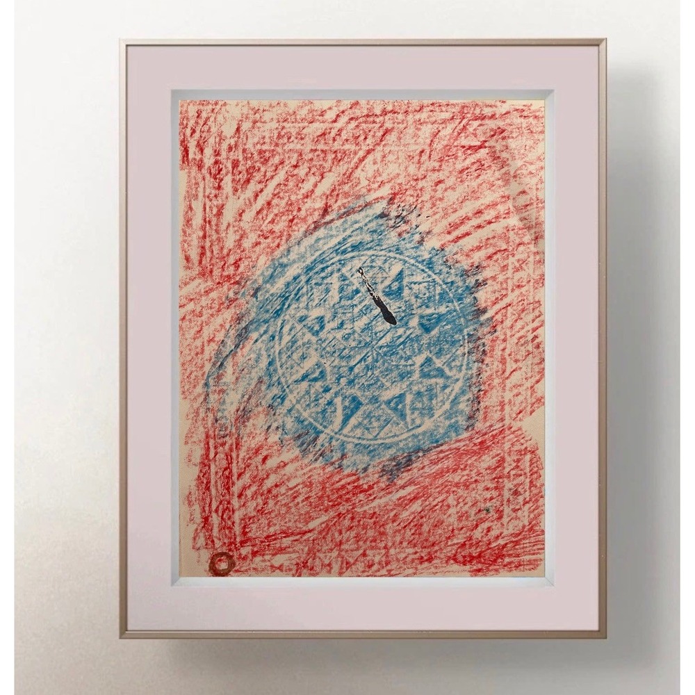 OMAN Abstract Geometric Wax Rubbing Print Art Blue Red 8.5x11 Mid Century VTG